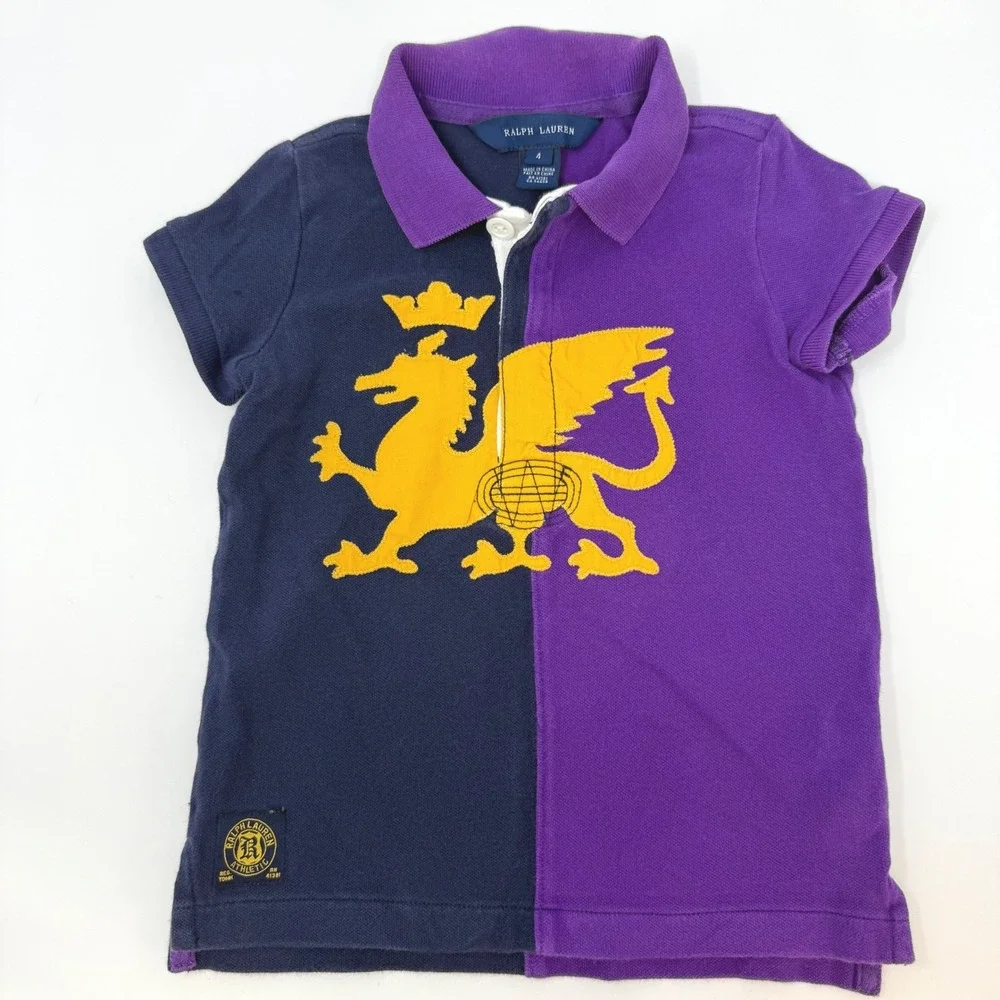 Ralph‎ Lauren Girls Size 4 Navy Purple Split Dragon Polo Shirt Short Sleeve